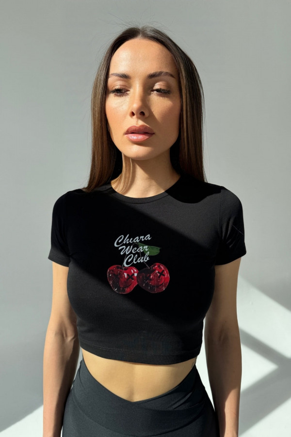 Krótki dopasowany t-shirt nadruk CHERRY - czarny