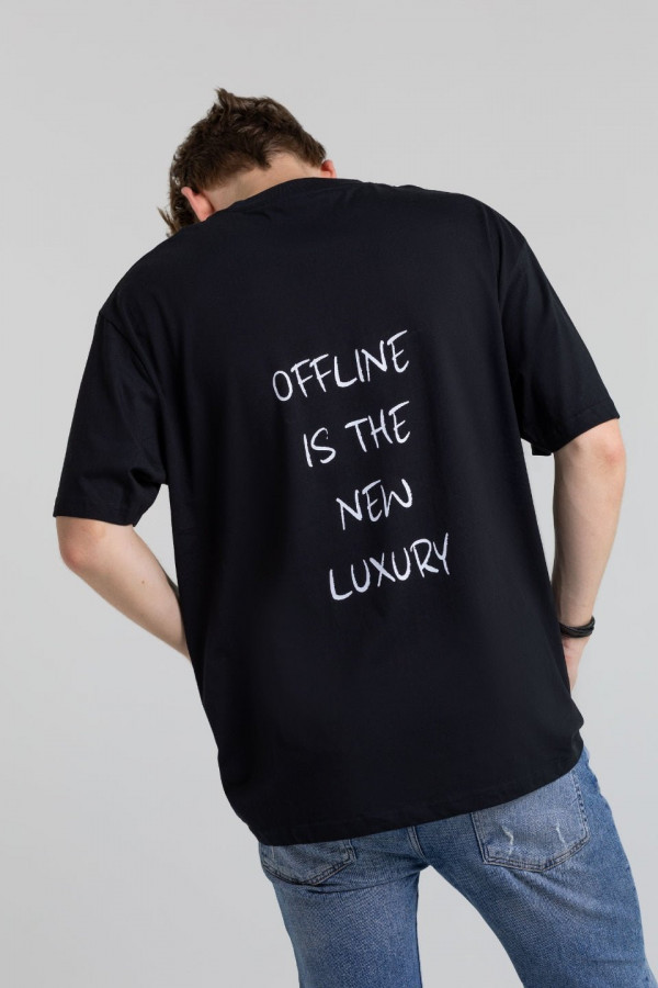 T-shirt bawełna z recyklingu oversize OFFLINE nadruk biały - czarny