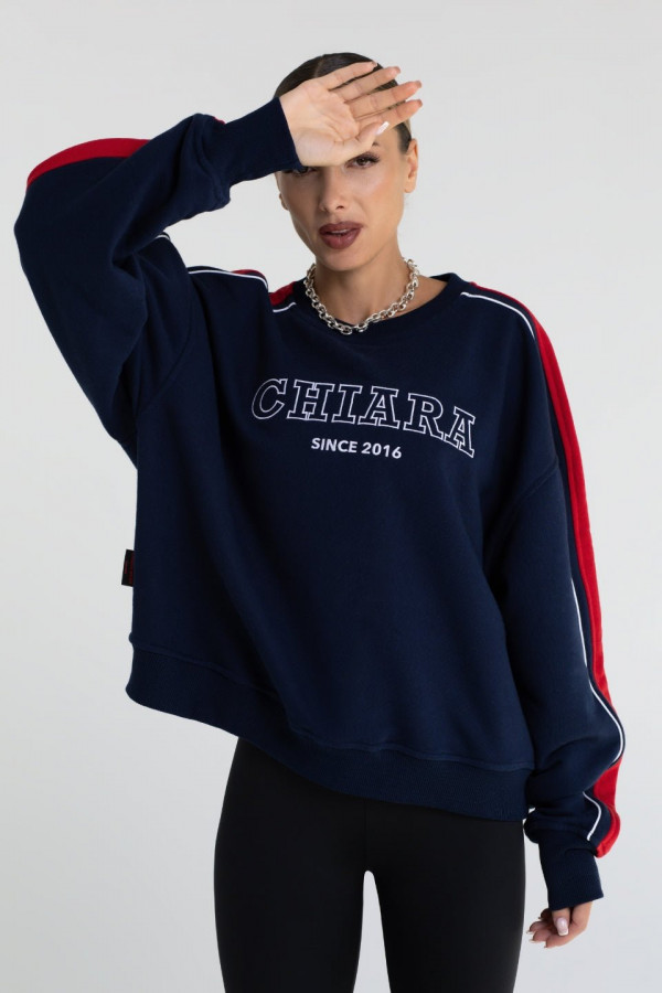 Bluza damska oversize z lampasem haft CHIARA - granatowy