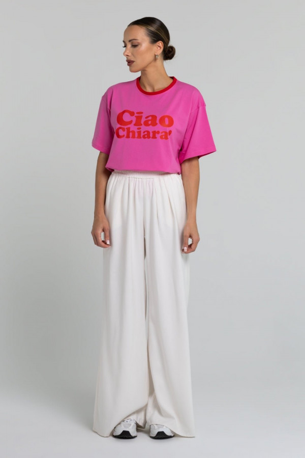 T-shirt bawełniany oversize CIAO CHIARA - różowy z czerwonym wykończeniem 1