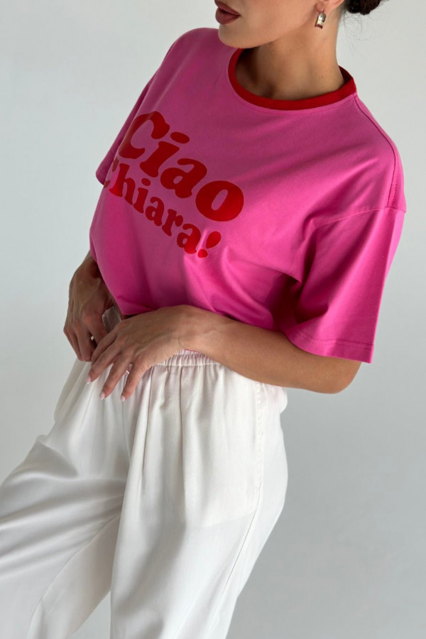 T-shirt bawełniany oversize CIAO CHIARA - różowy z czerwonym wykończeniem 3