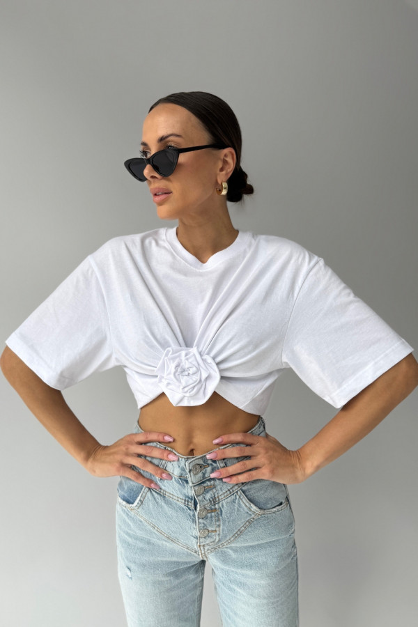 T-shirt crop top z różą ROSE - biały