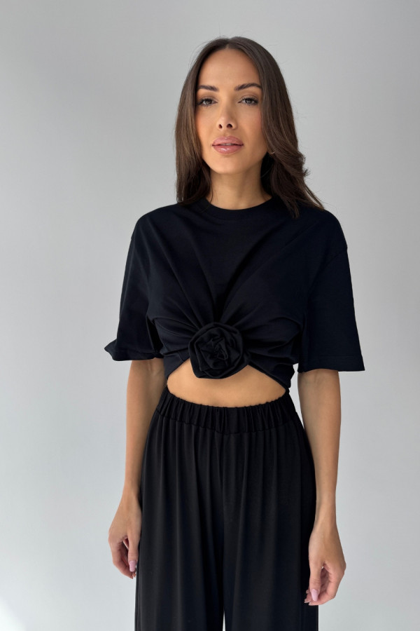T-shirt crop top z różą ROSE - czarny 5