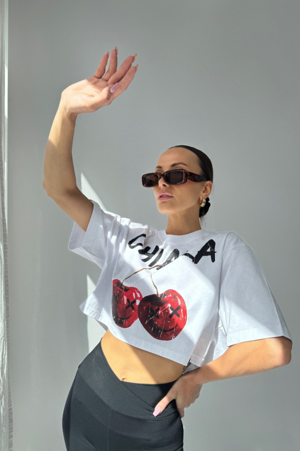 T-shirt crop top CHERRY - biały 6