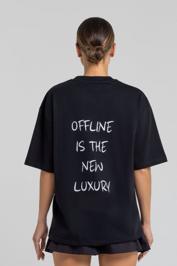 T-shirt bawełniany oversize OFFLINE nadruk biały - czarny