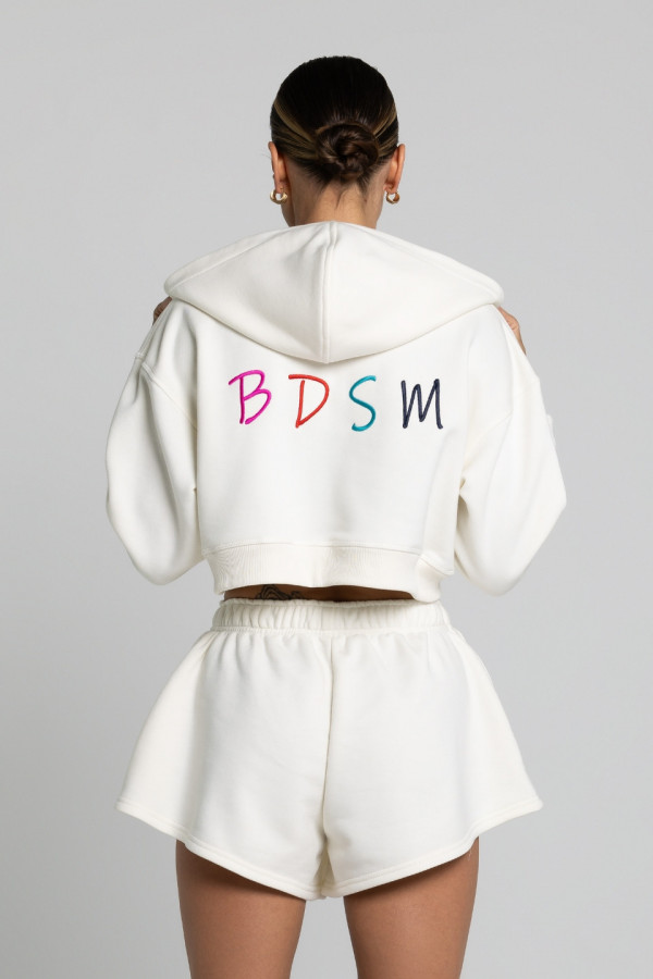 Bluza krótka z kapturem ZIP haft BDSM - ecru 5