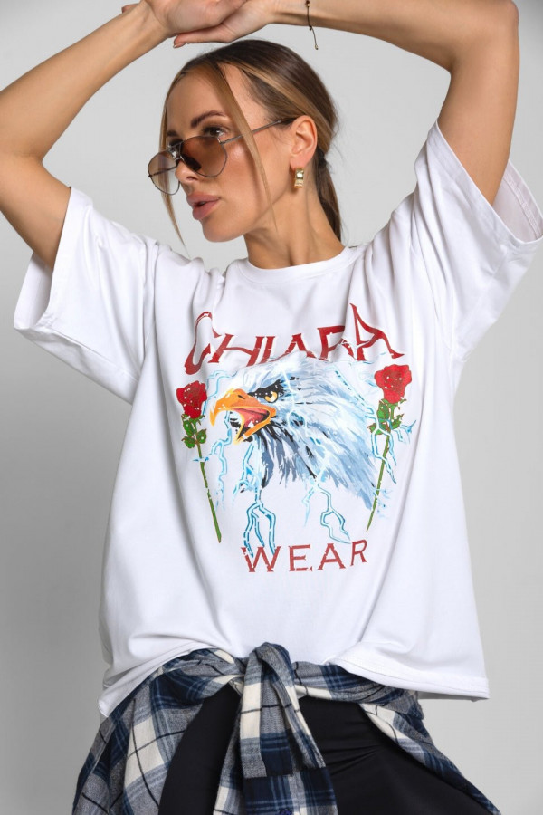 T-shirt damski oversize nadruk ROSES - biały