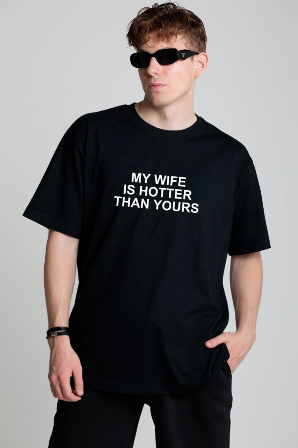 T-shirt bawełna z recyklingu oversize WIFE nadruk biały - czarny