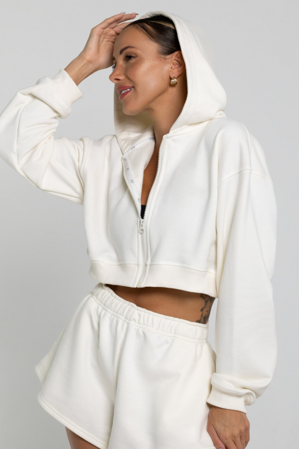 Bluza krótka z kapturem ZIP - ecru