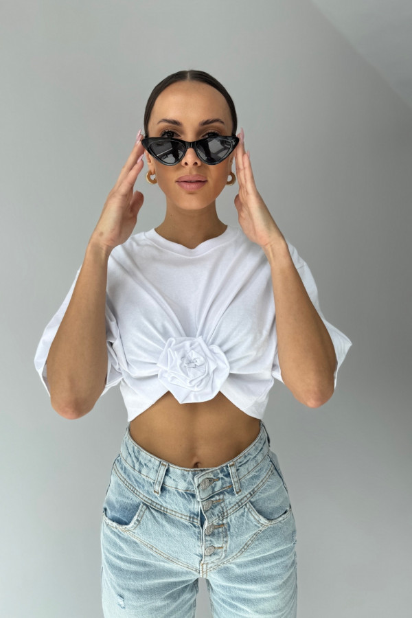 T-shirt crop top z różą ROSE - biały 2