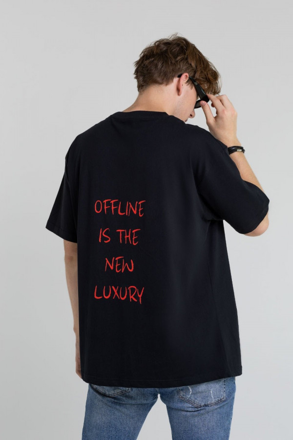 T-shirt bawełna z recyklingu oversize OFFLINE nadruk czerwony - czarny