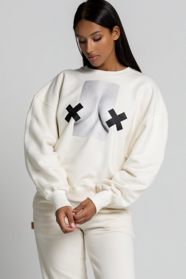 Bluza damska oversize - ecru NADRUK XX BOOBIES