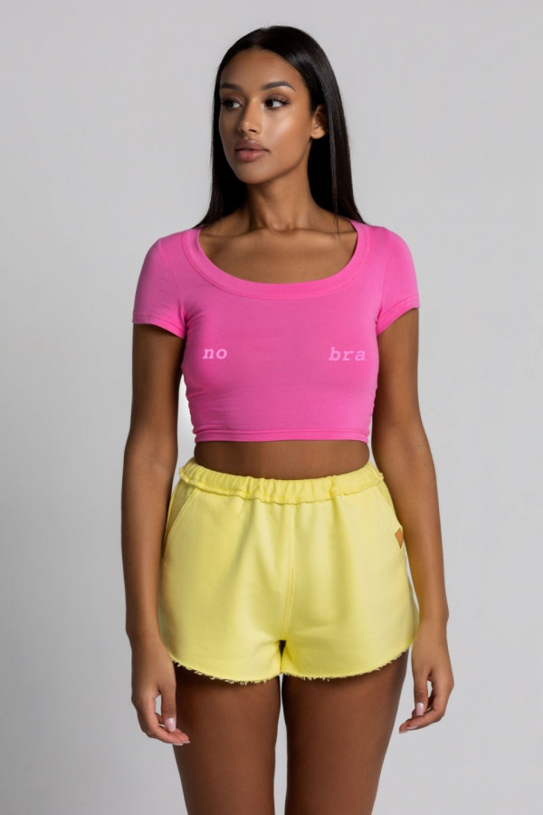 T-shirt krótki RIB nadruk NO BRA - różowy