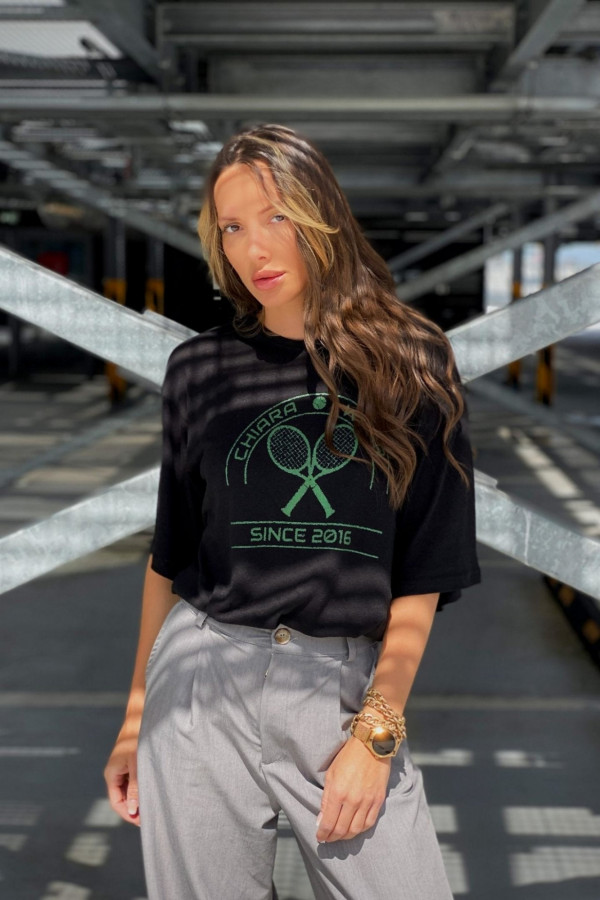 Lniany t-shirt oversize TENNIS - czarny 4