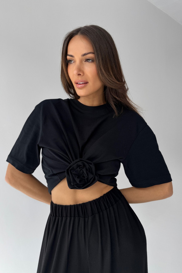 T-shirt crop top z różą ROSE - czarny
