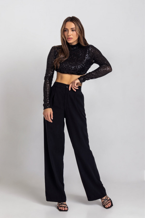 Krótki longsleeve bez pleców SHINE - czarne cekiny 2