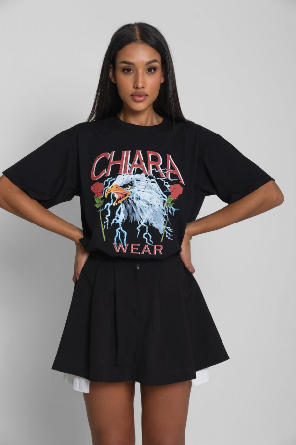 T-shirt oversize nadruk ROSES - czarny