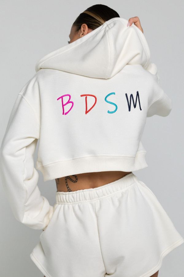 Bluza krótka z kapturem ZIP haft BDSM - ecru 1