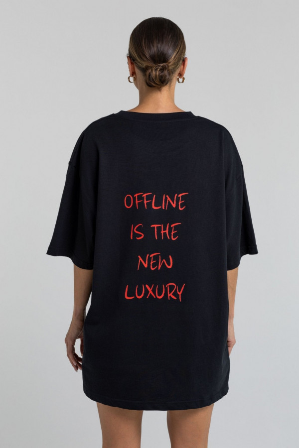 T-shirt bawełniany oversize OFFLINE nadruk czerwony - czarny