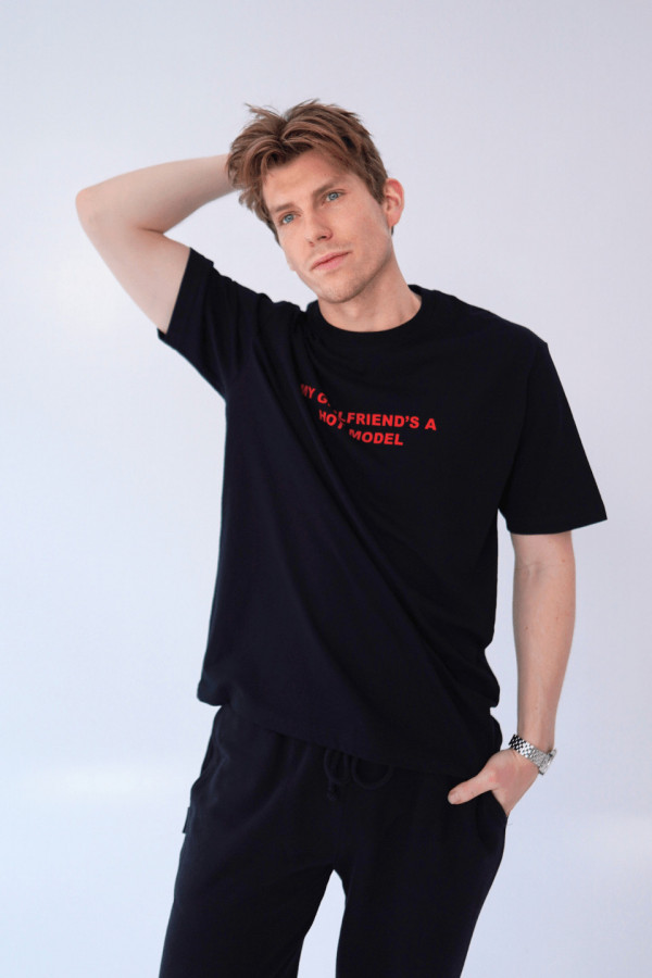 T-shirt bawełna z recyklingu oversize HOT MODEL męski - czarny 1