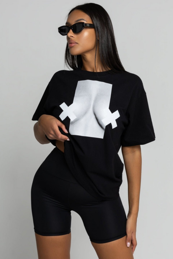 T-shirt bawełna z recyklingu oversize XX BOOBIES- czarny