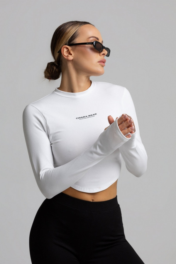 Krótki dopasowany longsleeve nadruk CHIARA - biały