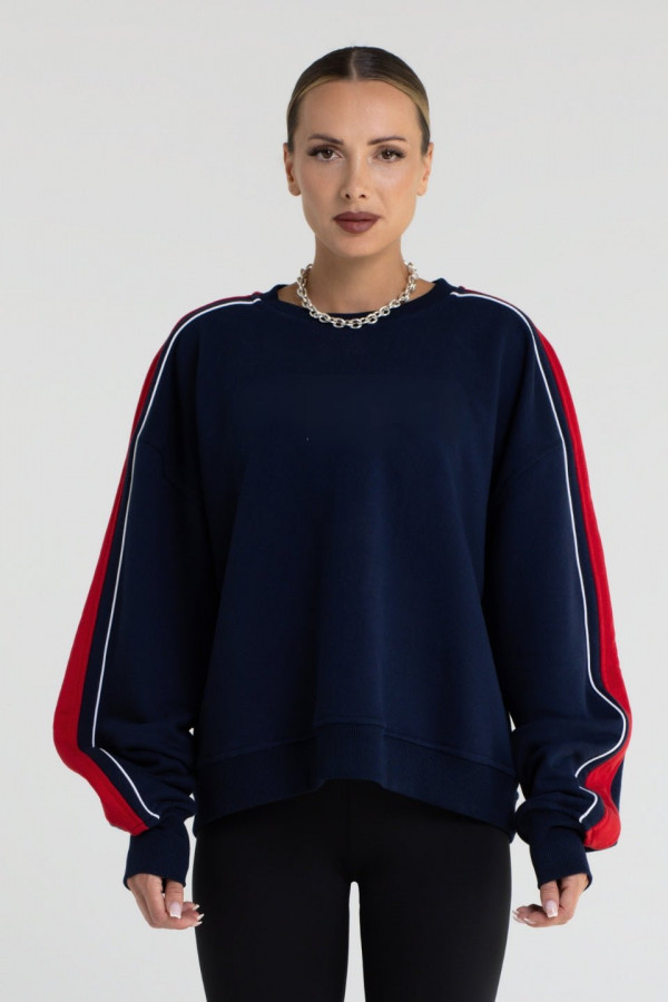 Bluza damska oversize z czerwonym lampasem - granatowy