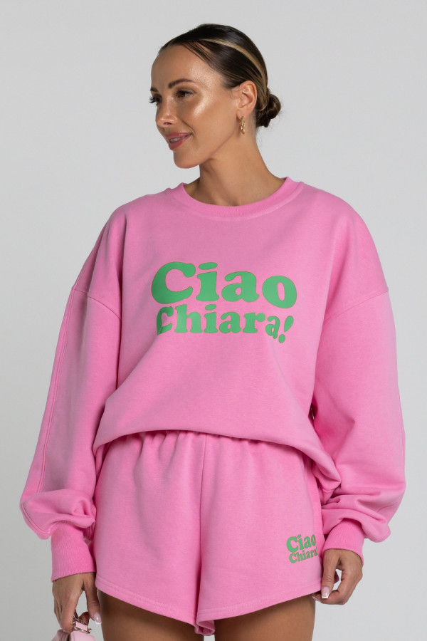 Bluza damska oversize CIAO CHIARA - różowy nadruk zielony