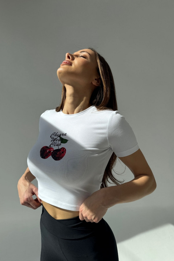Krótki dopasowany t-shirt nadruk CHERRY - biały 1