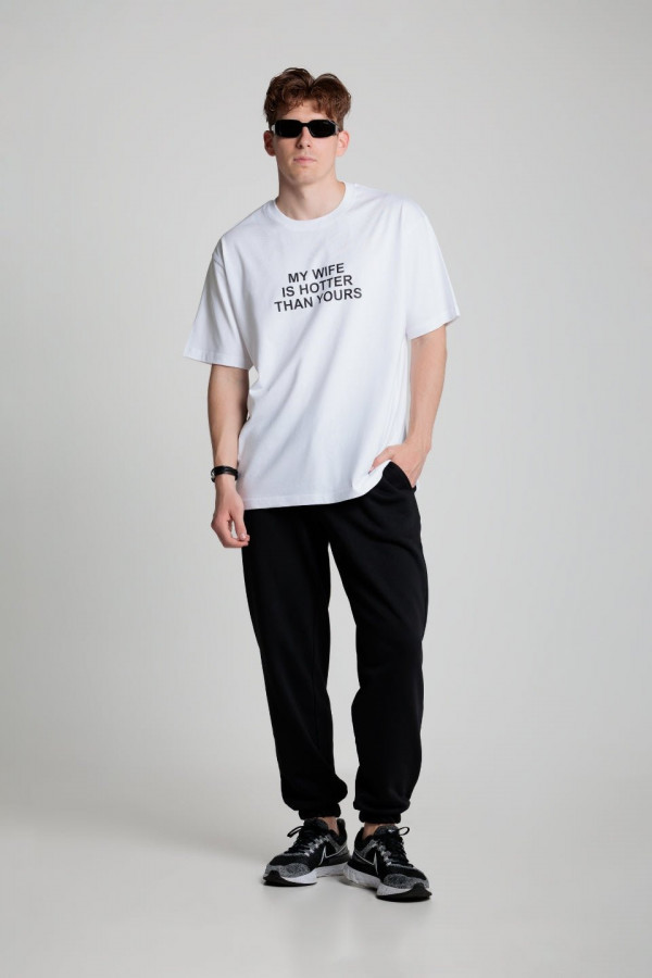 T-shirt bawełna z recyklingu oversize WIFE nadruk czarny - biały 1