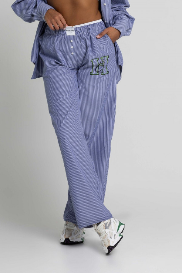 Spodnie damskie PAJAMAS - niebieski w paski nadruk CW zielony