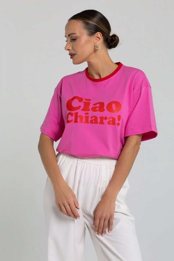 T-shirt bawełniany oversize CIAO CHIARA - różowy z czerwonym wykończeniem
