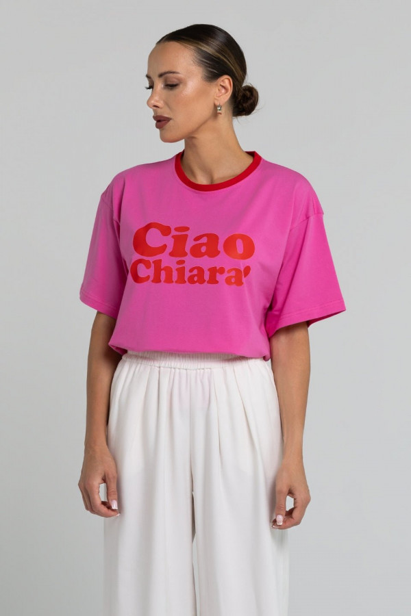 T-shirt bawełniany oversize CIAO CHIARA - różowy z czerwonym wykończeniem 2
