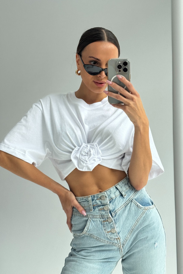 T-shirt crop top z różą ROSE - biały 1