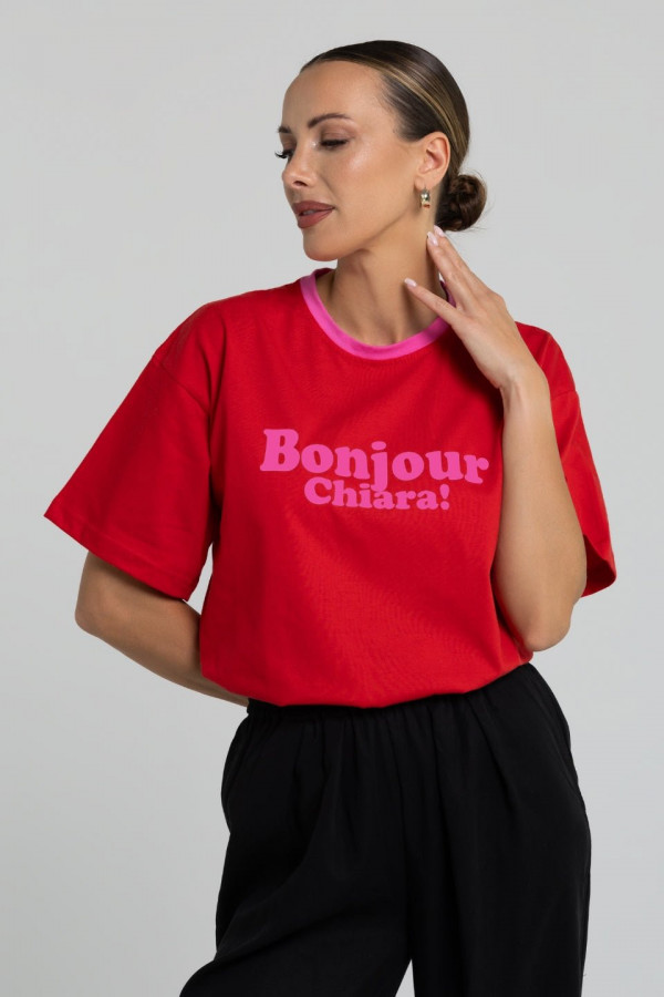 T-shirt bawełniany oversize BONJOUR CHIARA - czerwony z różowym wykończeniem
