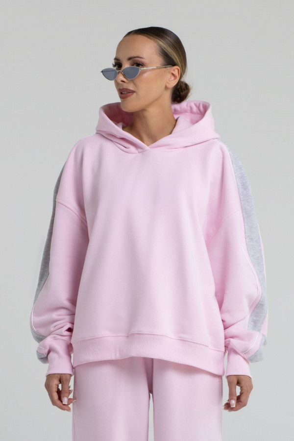 Bluza damska hoodie z szarym lampasem - różowy