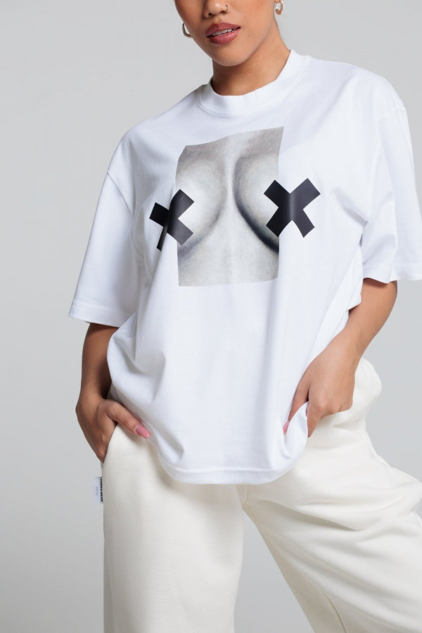 T-shirt bawełna z recyklingu oversize XX BOOBIES- biały