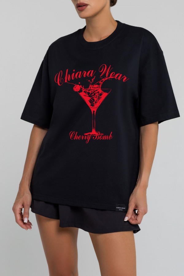 T-shirt bawełniany oversize CHERRY BOMB - czarny